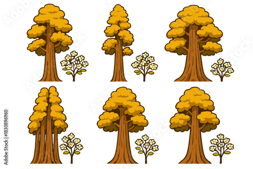 Collection of stylized tall trees featuring yellow autumn foliage and small flowering shrubs