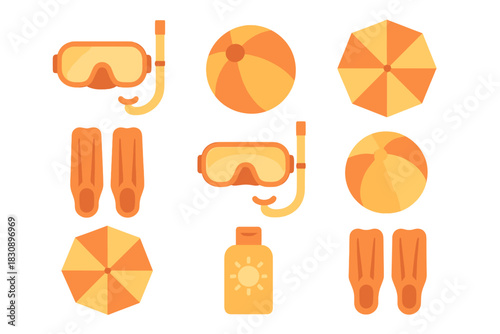 Summer beach accessories set with diving masks, flippers, sun umbrellas, and sunscreen