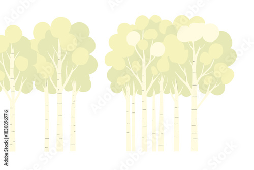 Stylized birch trees with pale green and yellow foliage isolated on a white background