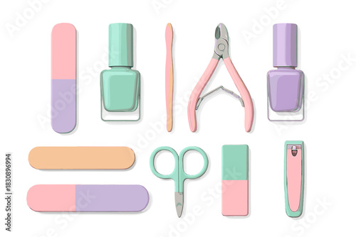 Pastel colored manicure and pedicure tools set for nail care and beauty routine