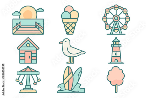 Pastel summer vacation icons featuring beach, amusement park, and seaside elements