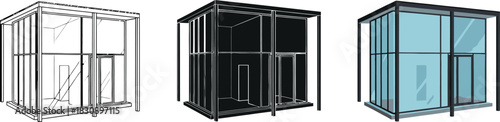 Architectural rendering of a modern glass structure shown in wireframe solid black and filled with blue glass for architectural visualization