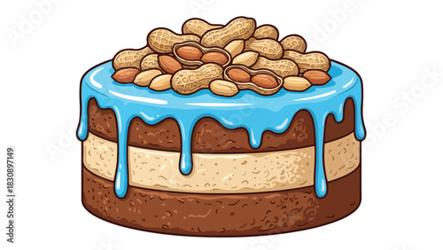 Delicious layered cake with blue icing and peanut topping.