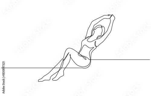 Continuous line art or One Line Drawing of a woman stretching arms is relaxing, Isolated on transparent background