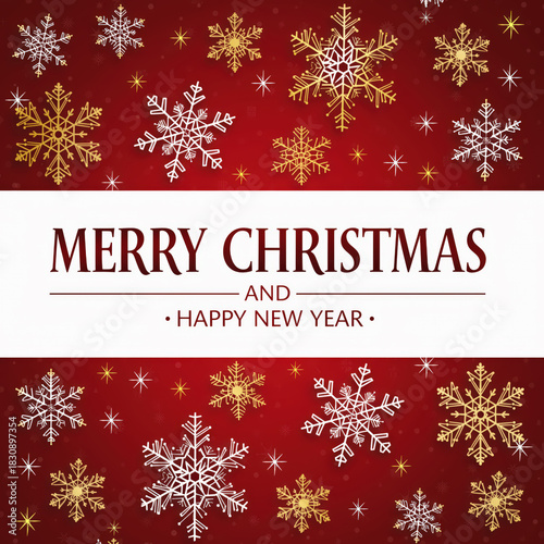 A festive red holiday card featuring decorative snowflakes surrounding the message “Merry Christmas and Happy New Year” in elegant lettering.
