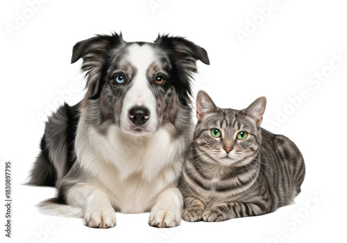 Beautiful merle Border Collie (heterochromia) and striped grey tabby cat with vivid green eyes, resting on reflective white studio surface with soft 85mm light, peaceful companionship concept