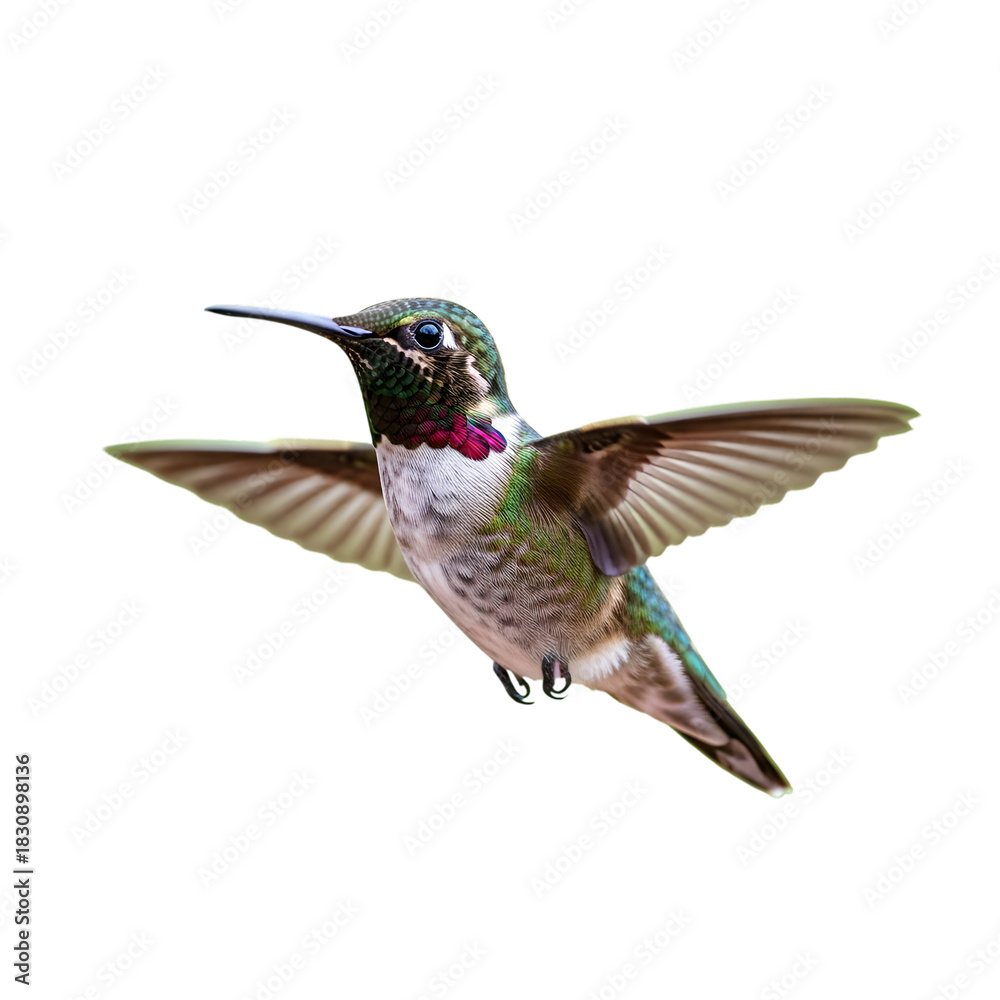 Fototapeta premium Hummingbird in flight with wings spread against a black background