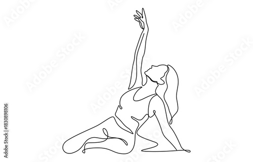 Continuous line art or One Line Drawing of a woman stretching arms is relaxing, Isolated on transparent background