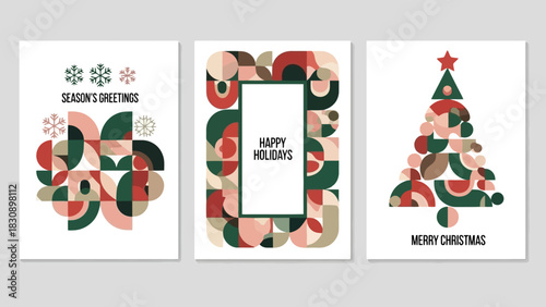 A contemporary collection of festive greeting cards featuring abstract geometric patterns, perfect for spreading holiday cheer and season's greetings with modern elegance