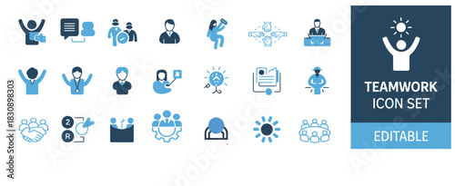 teamwork and collaboration solid icon set, containing symbols for business partnership, strategy, success, and management, presented in a clean flat vector design ideal for corporate presentations and