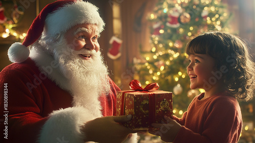 Santa claus giving a christmas gift to a happy little girl in a festive setting with a decorated tree