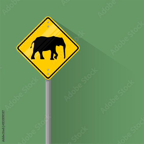 Flat Design Vector Illustration of a Yellow Diamond-Shaped Elephant Crossing Warning Road Sign. Ideal for Traffic Safety, Wildlife Protection, and Conservation Awareness Campaigns.