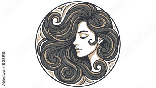 Elegant woman with long wavy hair in a circular design.