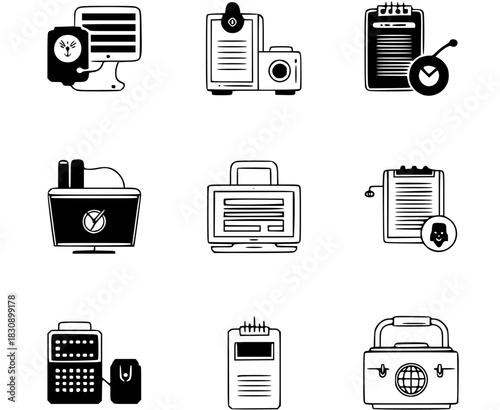Minimal vector icons of modern office tools and workplace essentials