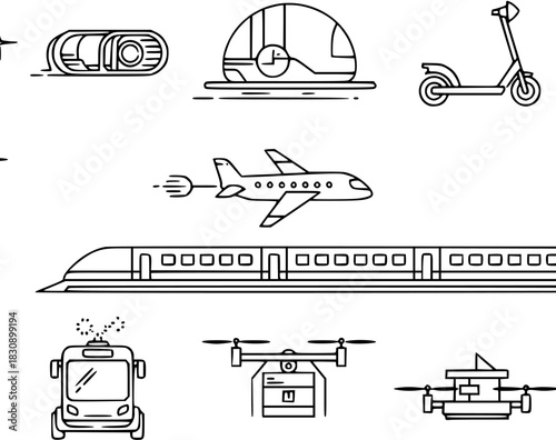 Modern flat icons of advanced mobility technology with simple lines