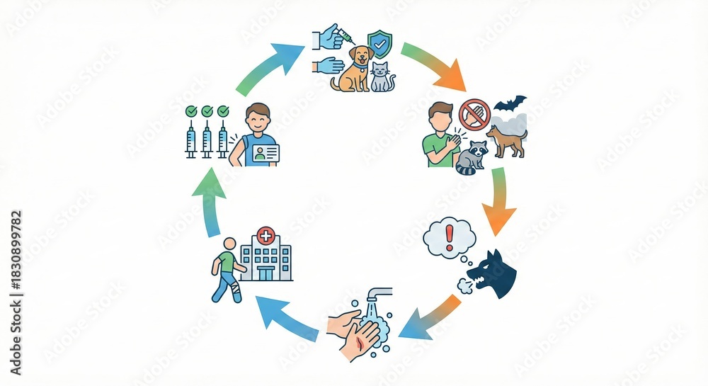 Fototapeta premium A circular infographic showing the cycle of pet health management, including vaccination, vet visits, and responsible ownership practices.