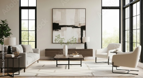 Modern Bright Living Room with Large Windows Minimalist Decor Neutral Colors