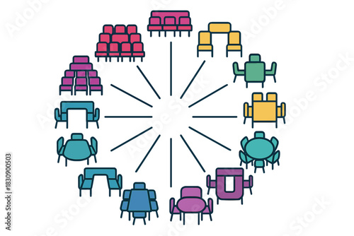Seating Arrangements and Furniture Layouts for Event Planning and Meeting Spaces