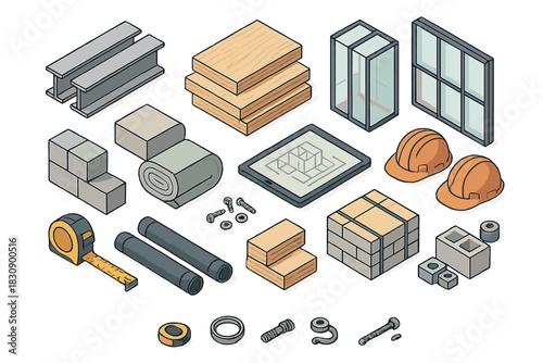 Isometric set of construction materials and building tools on a white background