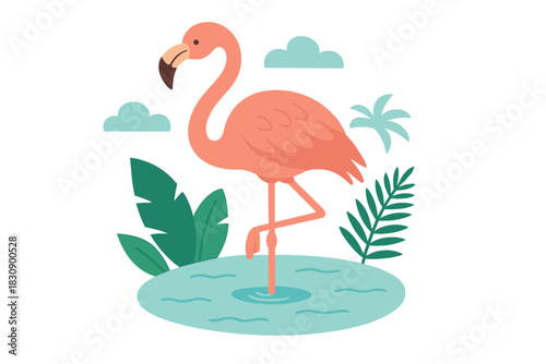 Pink flamingo standing in tropical pond with lush green foliage and blue sky