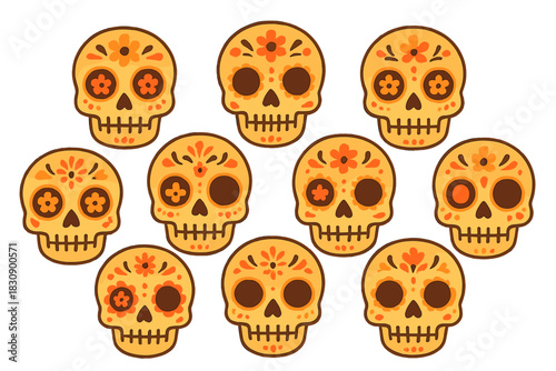 Traditional Mexican sugar skulls decorated with flowers and patterns for Day of the Dead