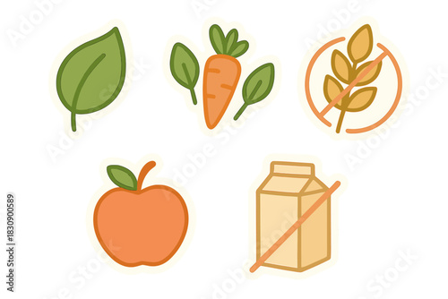 Collection of dietary restriction and healthy food symbols including gluten free and dairy free icons