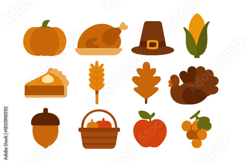 Traditional Thanksgiving and autumn harvest symbols: turkey, pumpkin, pie, pilgrim hat