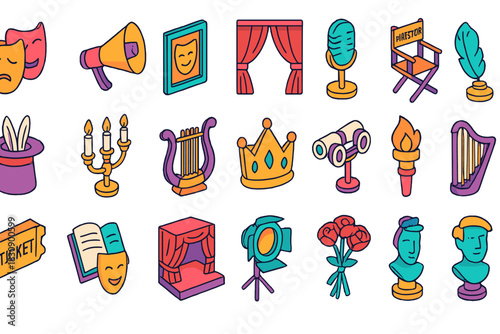 Colorful isometric elements of theater, drama, opera, and stage production