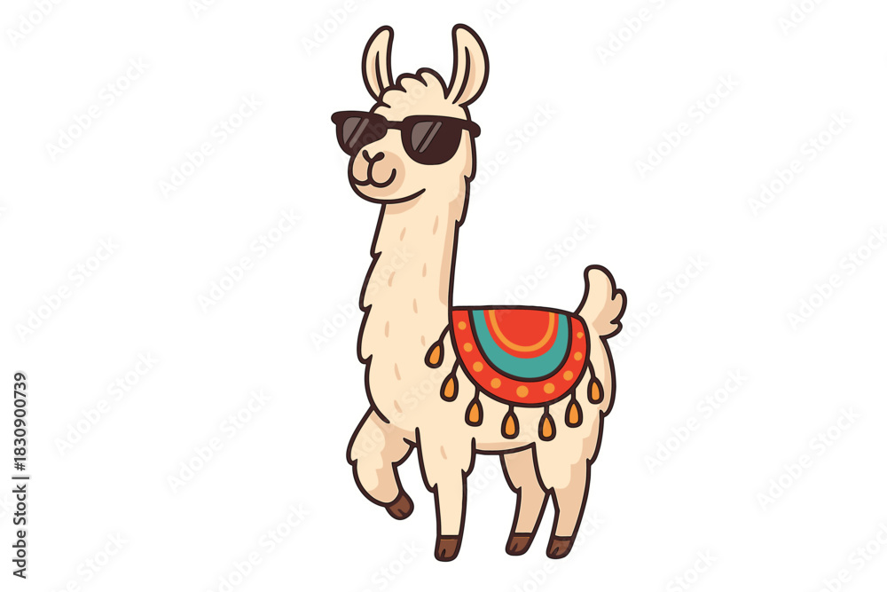 Naklejka premium Cute cartoon llama wearing dark sunglasses and a vibrant patterned saddle blanket