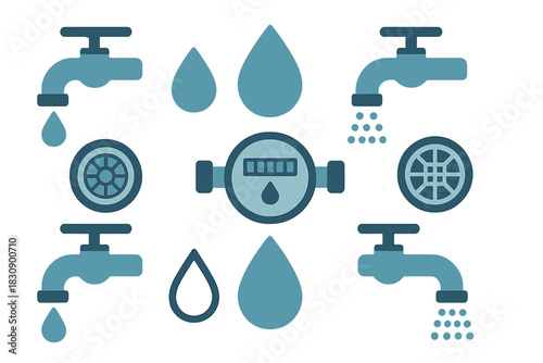 Set of water consumption icons showing faucets, drops, and a central meter device