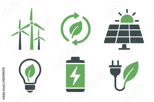 Green energy and environmental sustainability symbols: solar, wind, recycling, electric charging