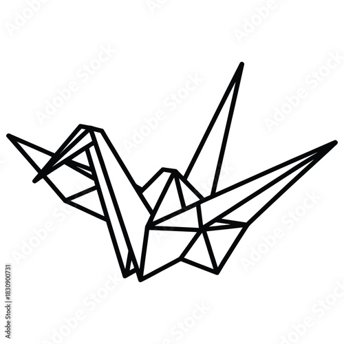 Geometric black line art of an origami crane, symbolizing peace, hope, and good fortune