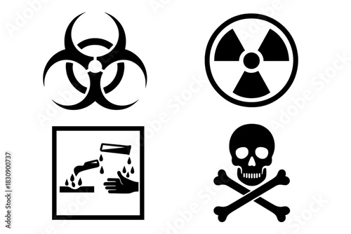 Four black hazard warning symbols: biohazard, radioactive, corrosive, and toxic danger