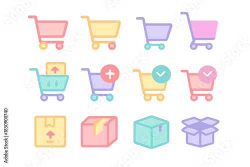 Pastel colored shopping carts and delivery boxes for online retail and e-commerce applications
