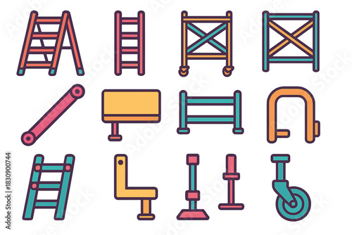 Colorful icons showing construction equipment, scaffolding parts, and ladders