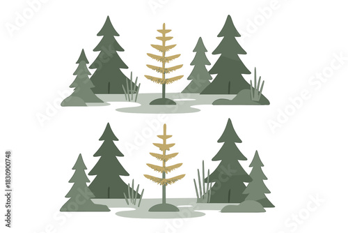 Abstract forest landscape pattern featuring dark green fir trees and a unique textured golden centerpiece tree