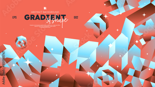 Realistic 3D vector shapes with gradient colors, Gradient brutal contemporary figure, flying abstract postmodern geometric volumetric different shapes in motion, red background