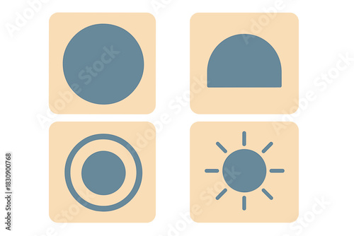Minimalist geometric icons set with circle, semicircle, target, and sun symbols for interface design
