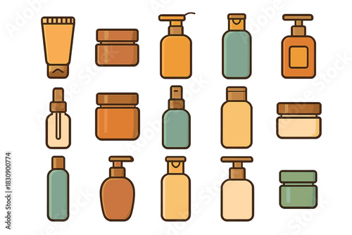 Assortment of cosmetic product bottles, jars, and tubes for beauty and personal care