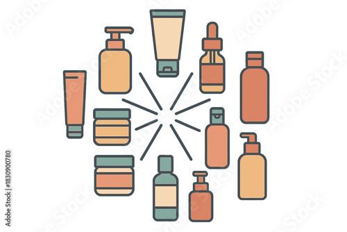 Cosmetic product containers arranged in a circular pattern with a central burst element