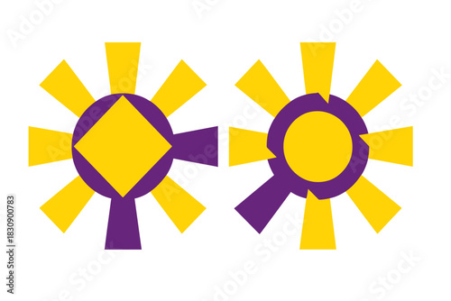 Two abstract geometric sunburst shapes with diamond and circle centers in bright yellow and deep purple