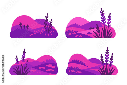 Abstract purple and pink landscape elements with stylized lavender flowers and rolling hills