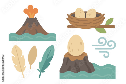Collection of nature and prehistoric elements including volcano, bird nest with eggs, feathers, and wind symbol