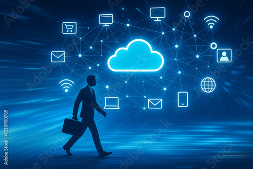 Businessman walking with briefcase in digital cloud network environment, symbolizing connectivity and technology innovation in business communication