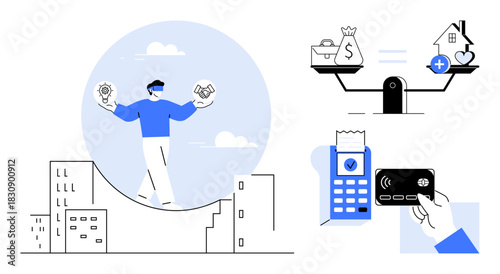 Financial planning. Balancing lifestyle and budget, thoughtful financial choices. Financial decisions involve investments, expenses, and digital payment methods. For finance, technology, fintech apps