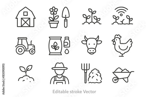 Essential farming and agriculture line symbols featuring barn, tractor, livestock, tools, and crops
