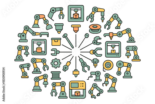 Colorful icons of industrial automation, robotic technology, and additive manufacturing equipment