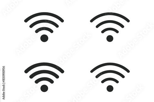 Black wireless network connection icons symbolizing Wi-Fi signal strength and availability