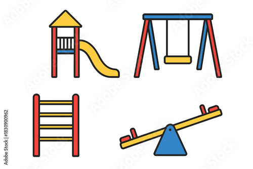 Colorful playground equipment featuring slide, swing, seesaw, and climbing ladder