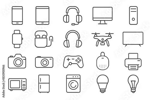 Minimalist line icons set of modern electronic devices, smart home appliances, and consumer technology gadgets